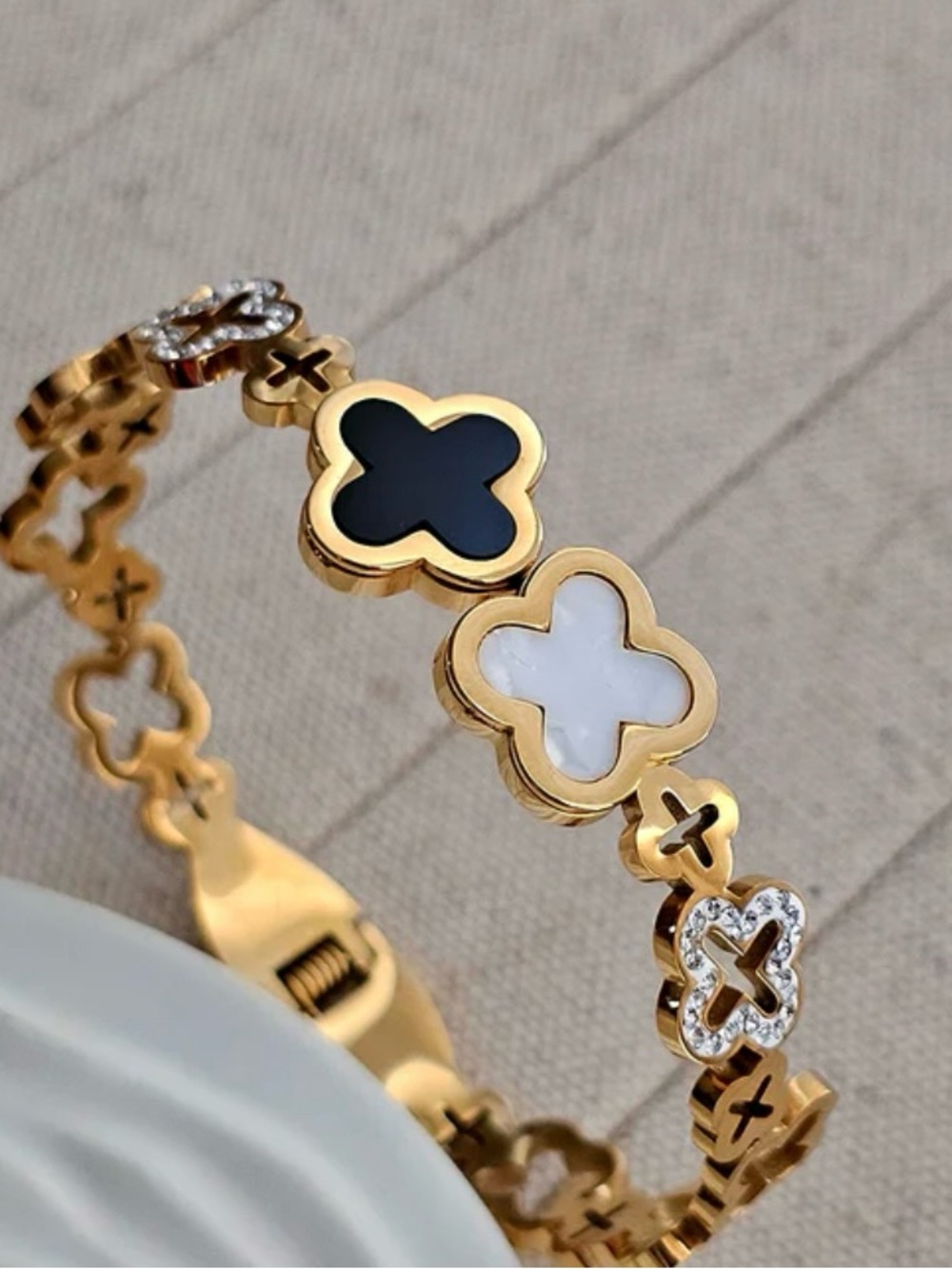 Sally Bracelet Gold Clover Stainless   Link Bracelet with Black and White Inlay